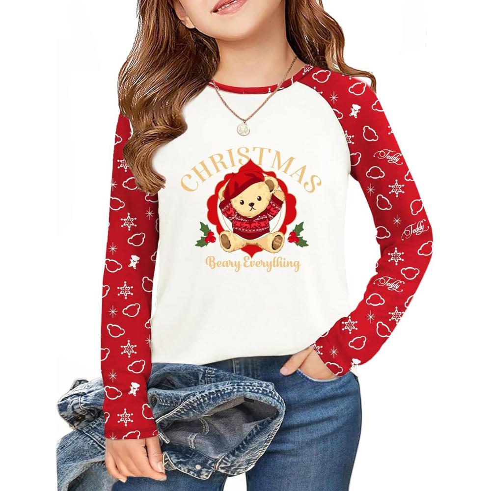 imageArshiner Girls Raglan Long Sleeve Shirts Crew Neck Soft Casual Tunic Tops Kids Girls Basic Tees BlousesChristmas Teddyb