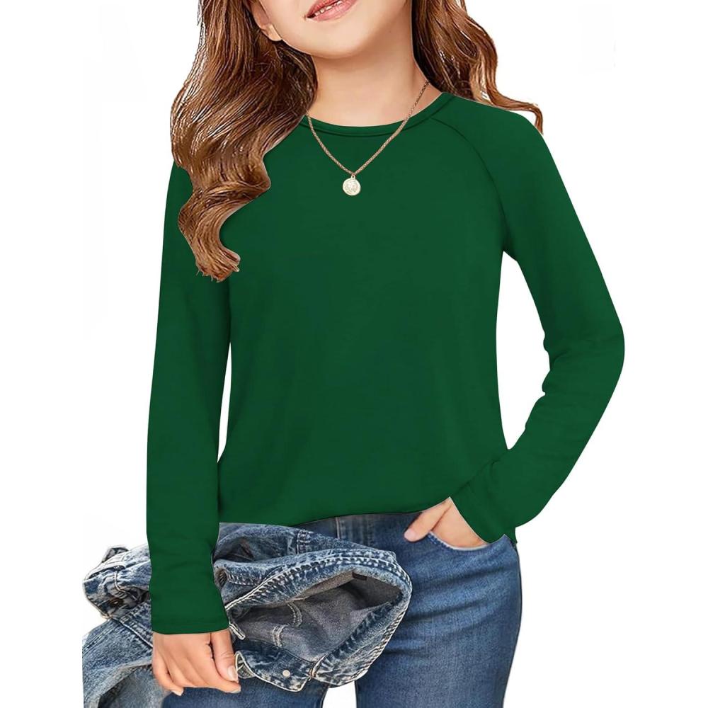 imageArshiner Girls Raglan Long Sleeve Shirts Crew Neck Soft Casual Tunic Tops Kids Girls Basic Tees BlousesGreen