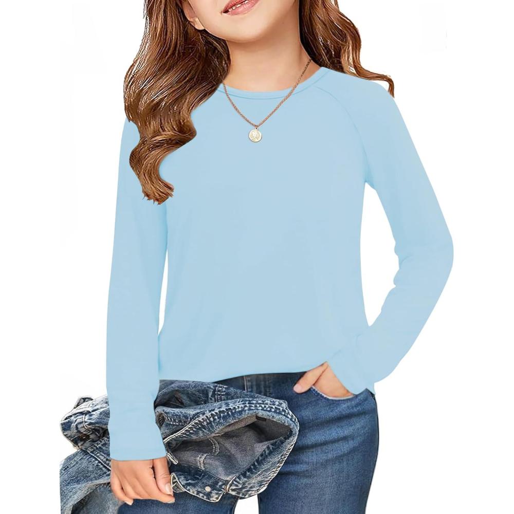 imageArshiner Girls Raglan Long Sleeve Shirts Crew Neck Soft Casual Tunic Tops Kids Girls Basic Tees BlousesLight Blue