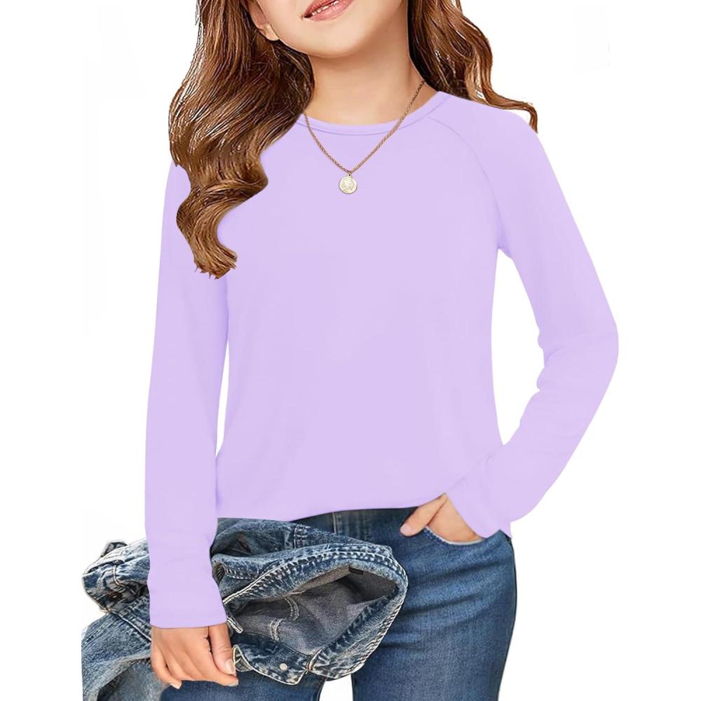 imageArshiner Girls Raglan Long Sleeve Shirts Crew Neck Soft Casual Tunic Tops Kids Girls Basic Tees BlousesLilac