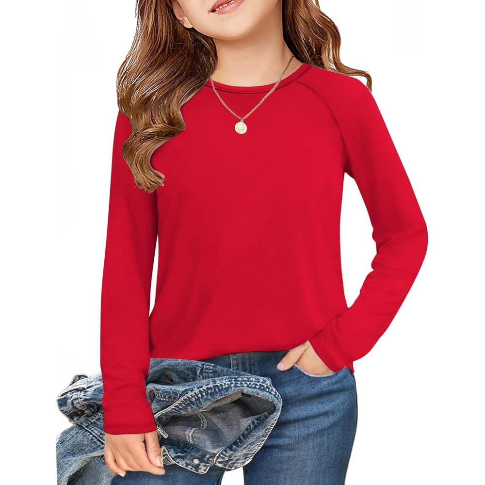 imageArshiner Girls Raglan Long Sleeve Shirts Crew Neck Soft Casual Tunic Tops Kids Girls Basic Tees BlousesRed
