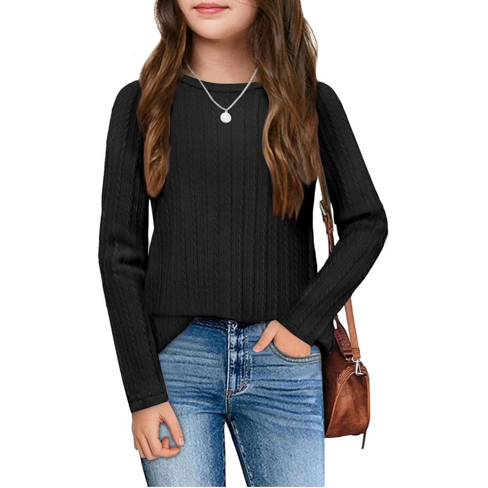 imageArshiner Girls Raglan Long Sleeves Shirts Textured Knit Tops for Girls Casual Soft Kids Loose Blouse TeeBlack