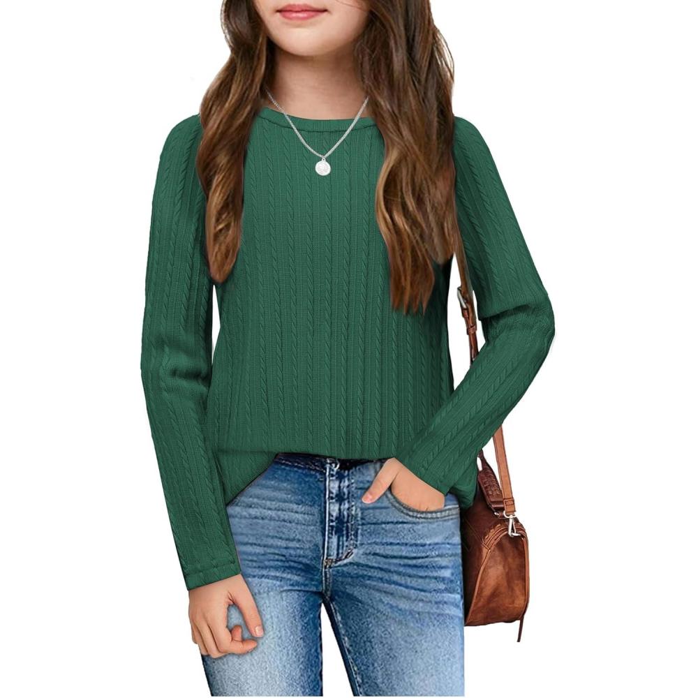 imageArshiner Girls Raglan Long Sleeves Shirts Textured Knit Tops for Girls Casual Soft Kids Loose Blouse TeeGreen
