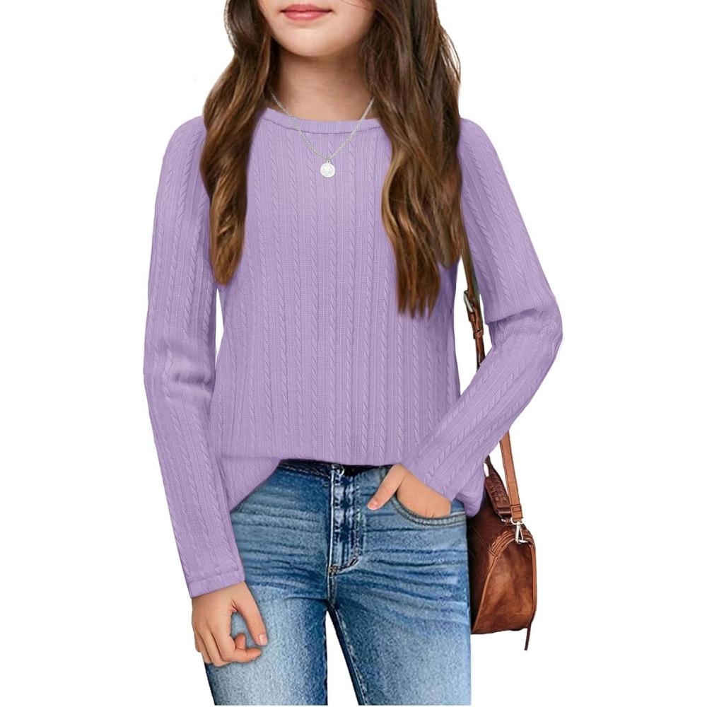 imageArshiner Girls Raglan Long Sleeves Shirts Textured Knit Tops for Girls Casual Soft Kids Loose Blouse TeeLilac