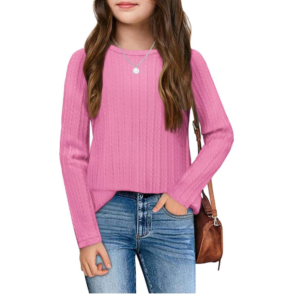 imageArshiner Girls Raglan Long Sleeves Shirts Textured Knit Tops for Girls Casual Soft Kids Loose Blouse TeePeach Pink