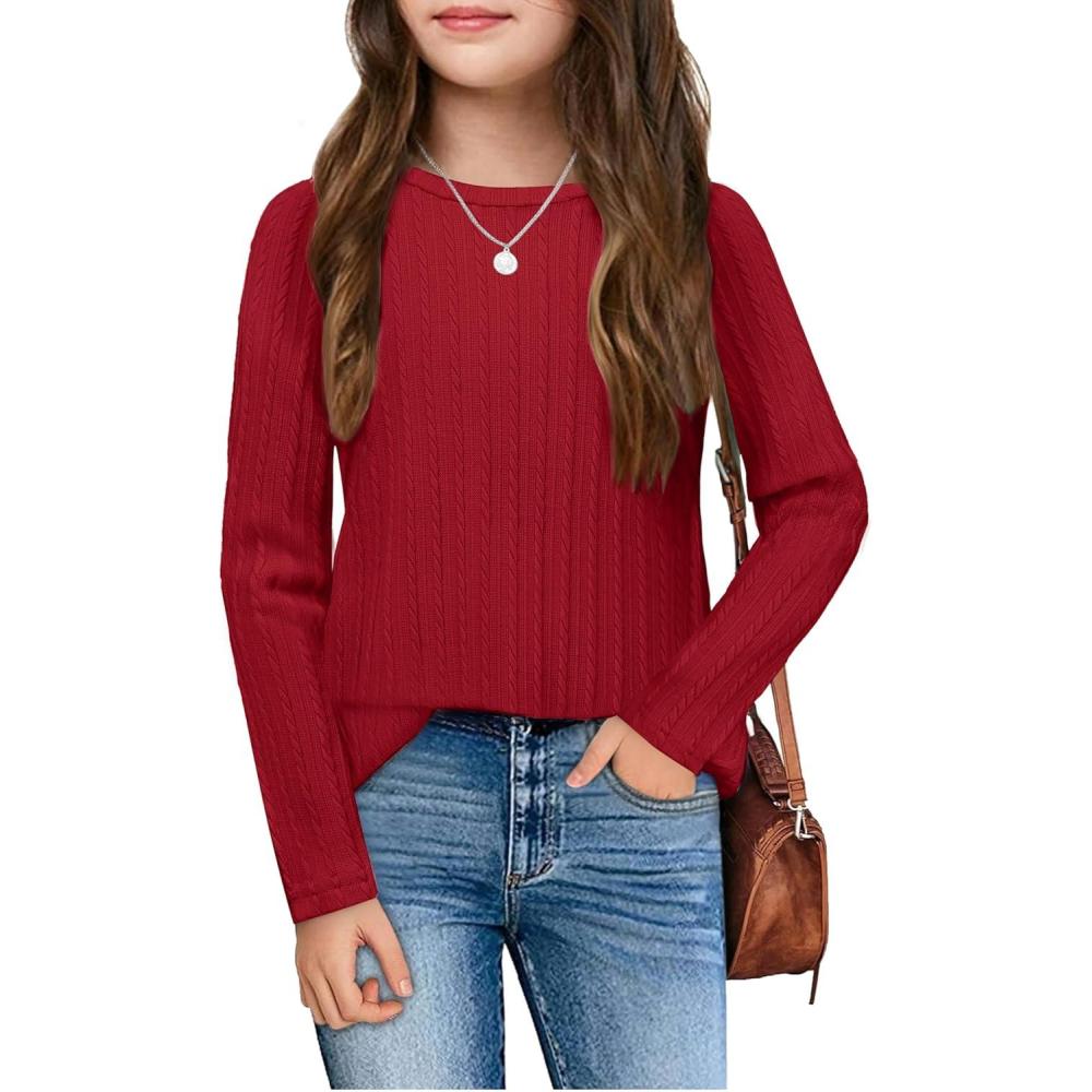 imageArshiner Girls Raglan Long Sleeves Shirts Textured Knit Tops for Girls Casual Soft Kids Loose Blouse TeeRed