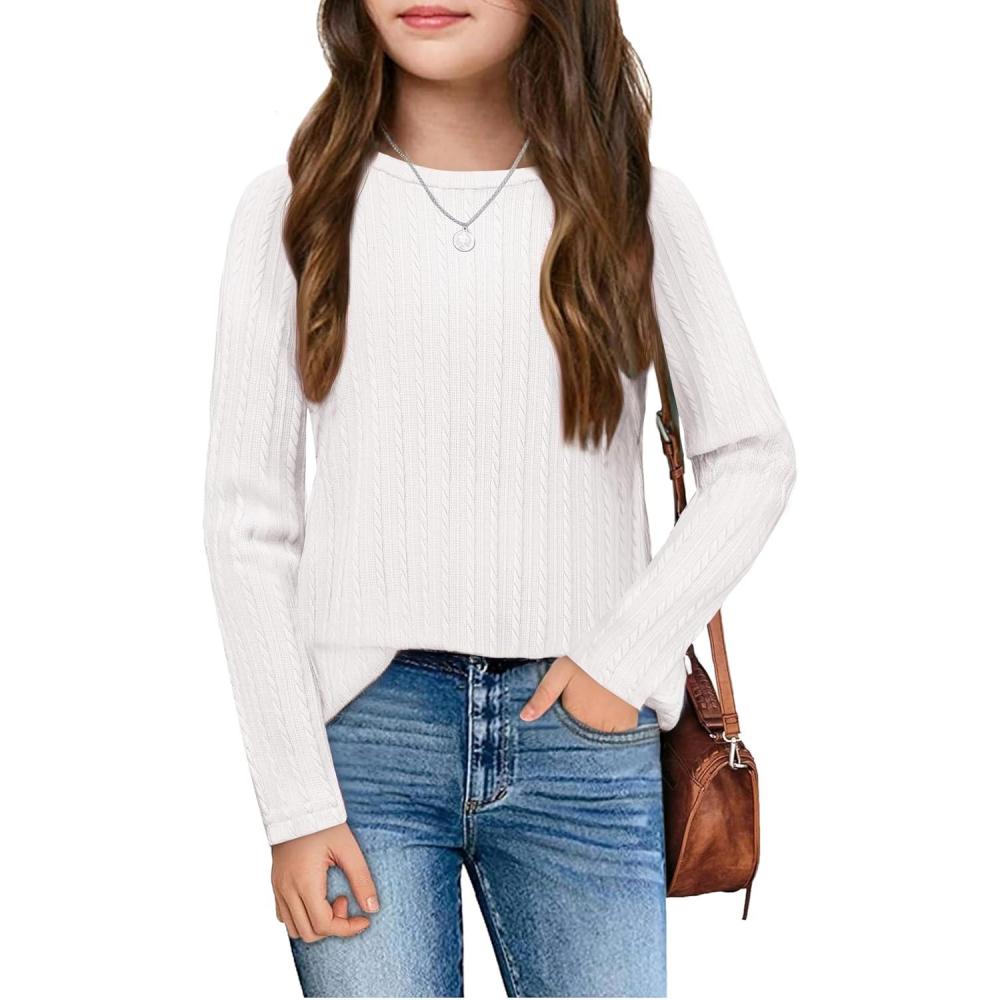 imageArshiner Girls Raglan Long Sleeves Shirts Textured Knit Tops for Girls Casual Soft Kids Loose Blouse TeeWhite