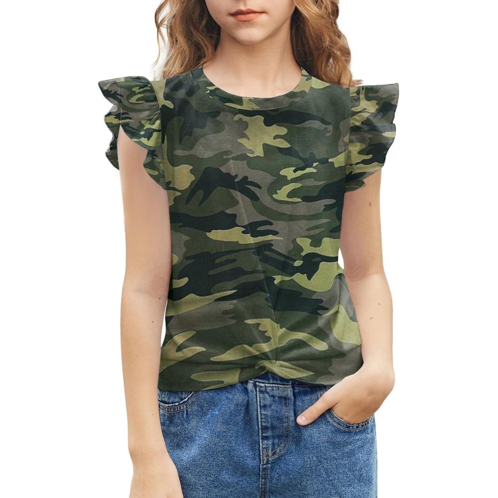 imageArshiner Girls Shirt  ShortSleeve Twist Front TShirt for Girls with Cute Flying Sleeves  Summer Blouse Tunic Tee TopsCamo
