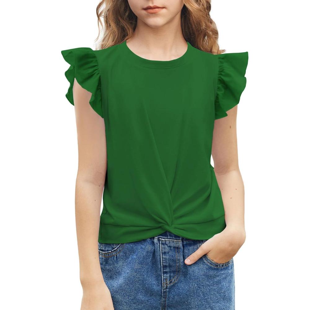imageArshiner Girls Shirt ShortSleeve Twist Front TShirt for Girls with Cute Flying Sleeves Summer Blouse Tunic Tee TopsGreen