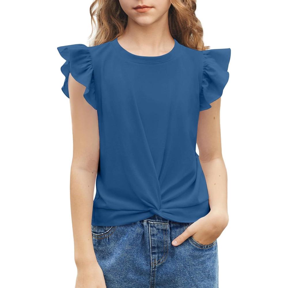 imageArshiner Girls Shirt  ShortSleeve Twist Front TShirt for Girls with Cute Flying Sleeves  Summer Blouse Tunic Tee TopsNavy Blue