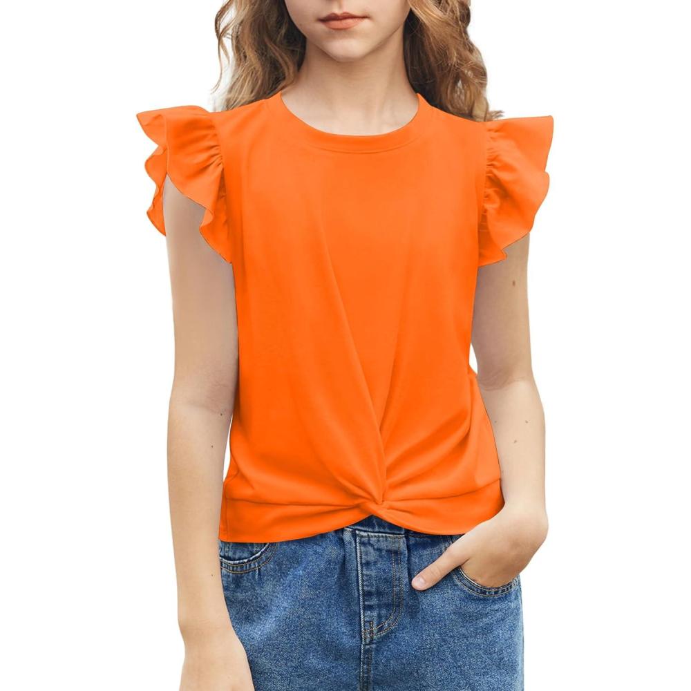 imageArshiner Girls Shirt  ShortSleeve Twist Front TShirt for Girls with Cute Flying Sleeves  Summer Blouse Tunic Tee TopsOrange