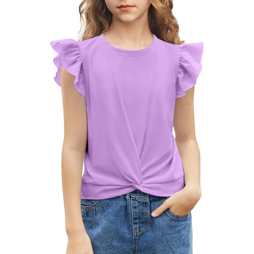 imageArshiner Girls Shirt ShortSleeve Twist Front TShirt for Girls with Cute Flying Sleeves Summer Blouse Tunic Tee TopsPurple