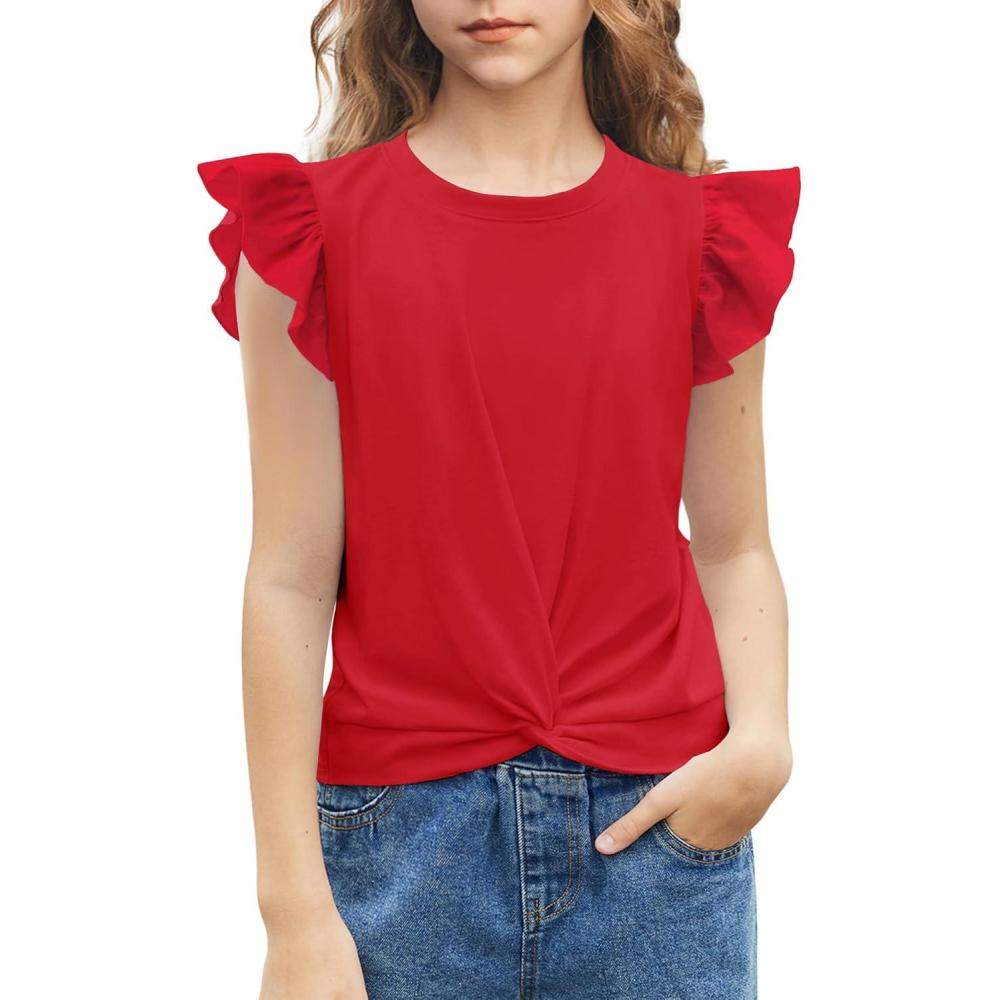 imageArshiner Girls Shirt ShortSleeve Twist Front TShirt for Girls with Cute Flying Sleeves Summer Blouse Tunic Tee TopsRed