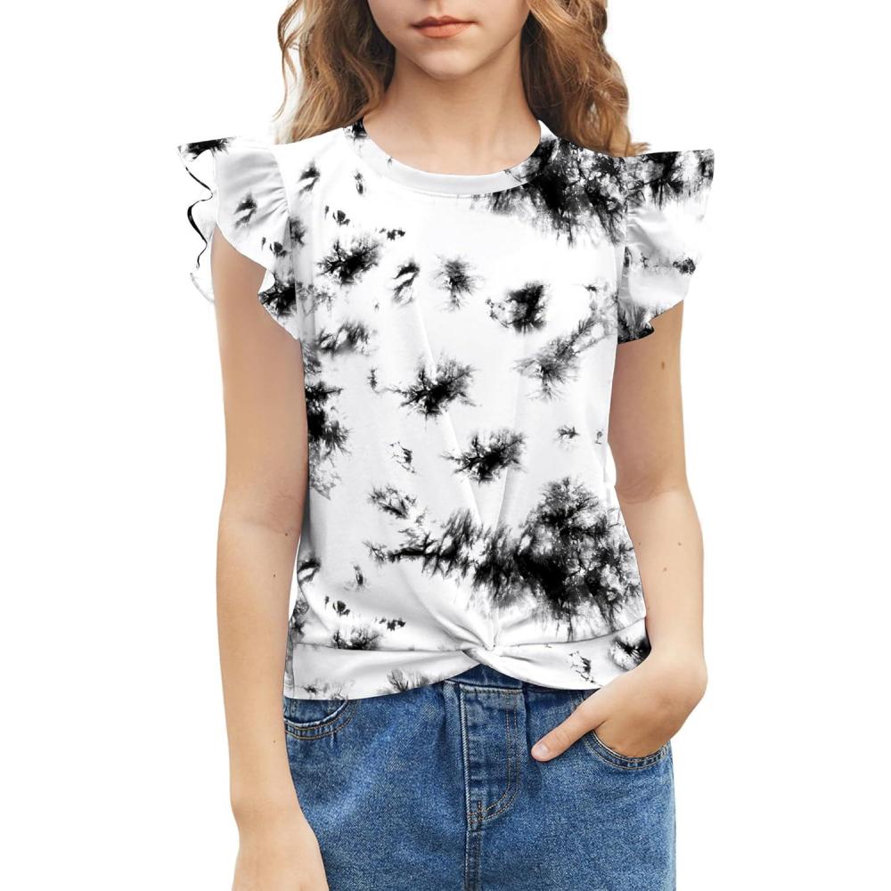 imageArshiner Girls Shirt ShortSleeve Twist Front TShirt for Girls with Cute Flying Sleeves Summer Blouse Tunic Tee TopsTie Dye BlackWhite