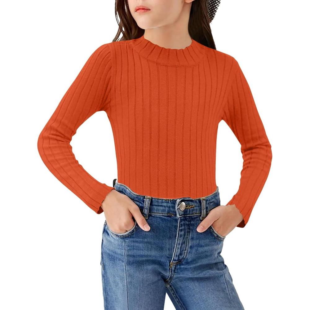 imageArshiner Girls Shirts Half Turtleneck Long Sleeve Tops Casual Knitted Slim Fit Pullover Blouse TeeCaramel