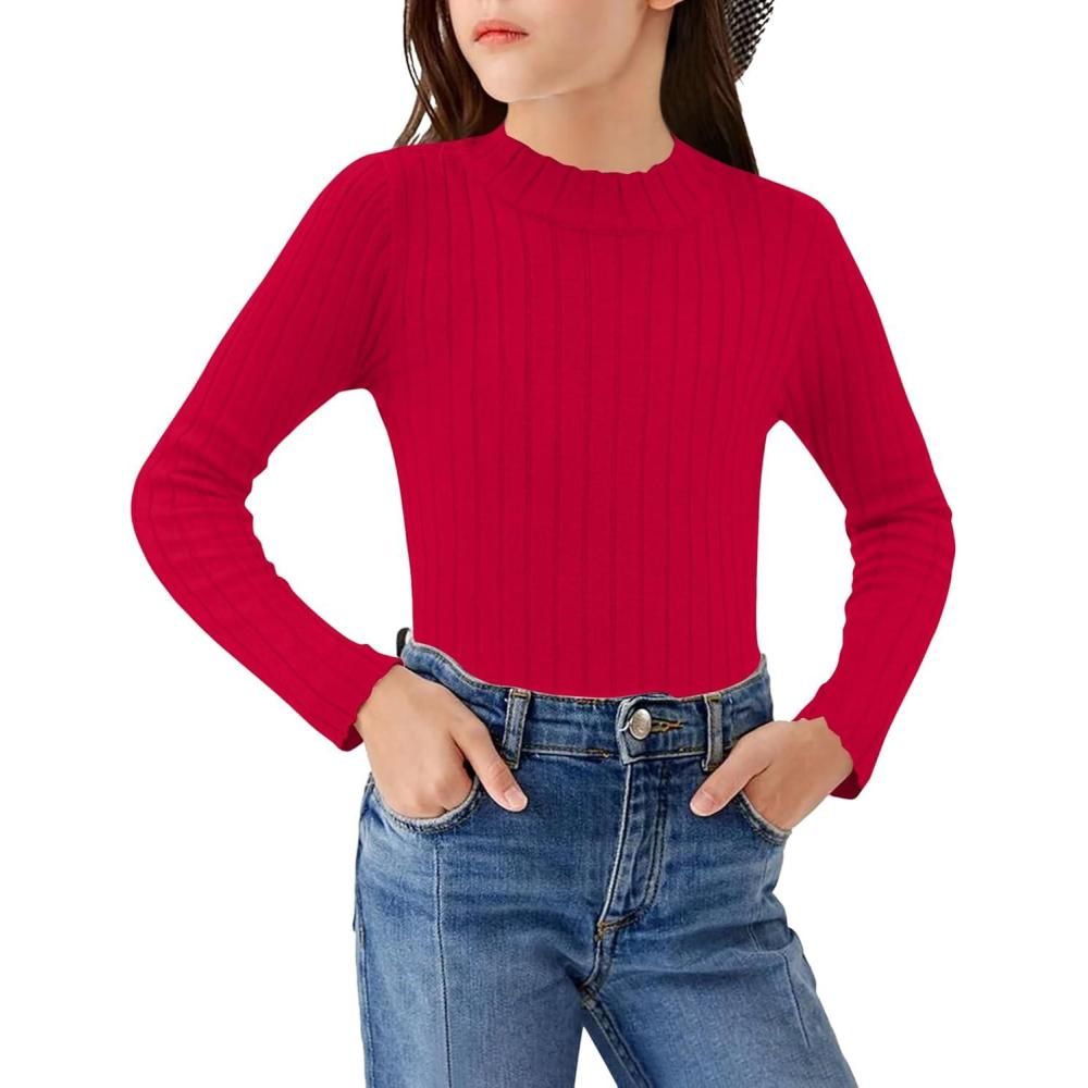 imageArshiner Girls Shirts Half Turtleneck Long Sleeve Tops Casual Knitted Slim Fit Pullover Blouse TeeRed