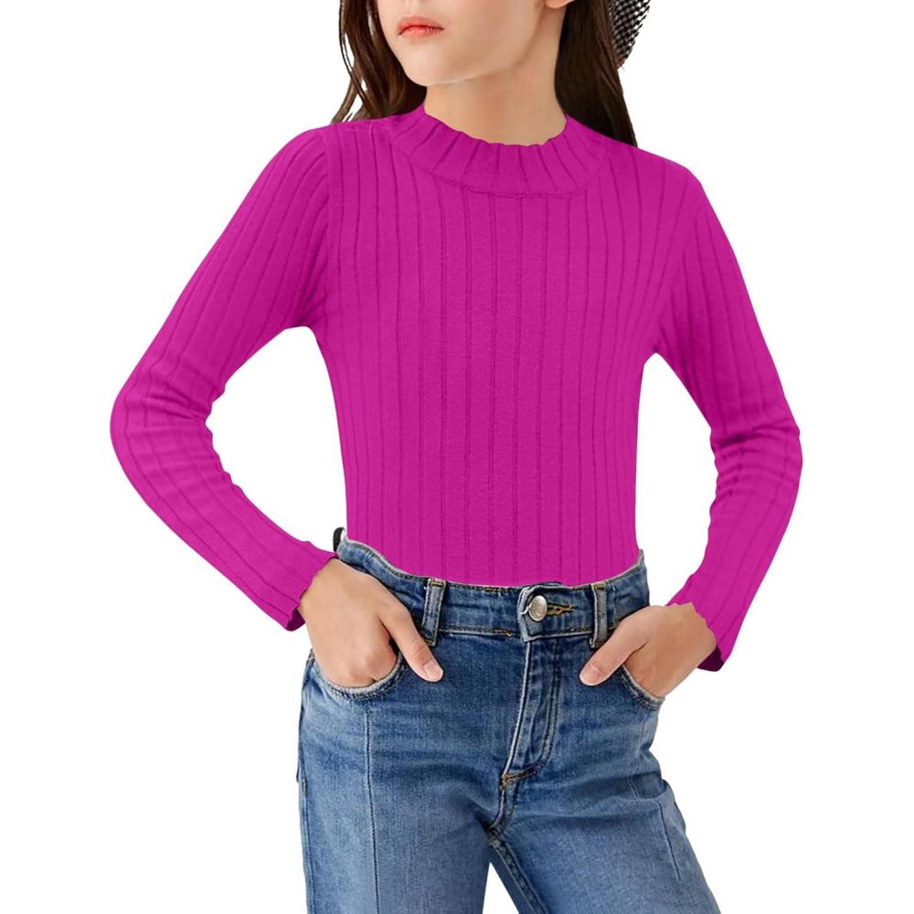 imageArshiner Girls Shirts Half Turtleneck Long Sleeve Tops Casual Knitted Slim Fit Pullover Blouse TeeRose Red