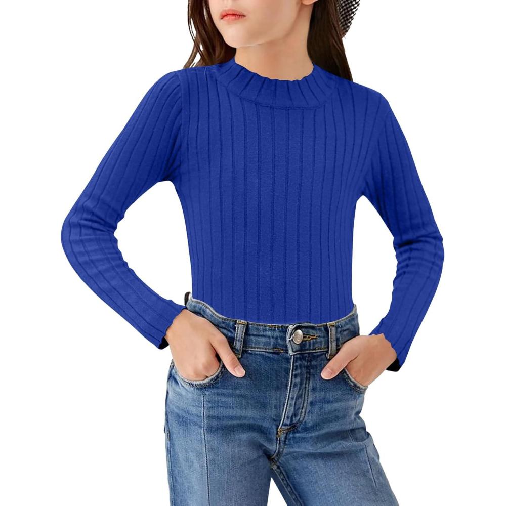 imageArshiner Girls Shirts Half Turtleneck Long Sleeve Tops Casual Knitted Slim Fit Pullover Blouse TeeSapphire Blue