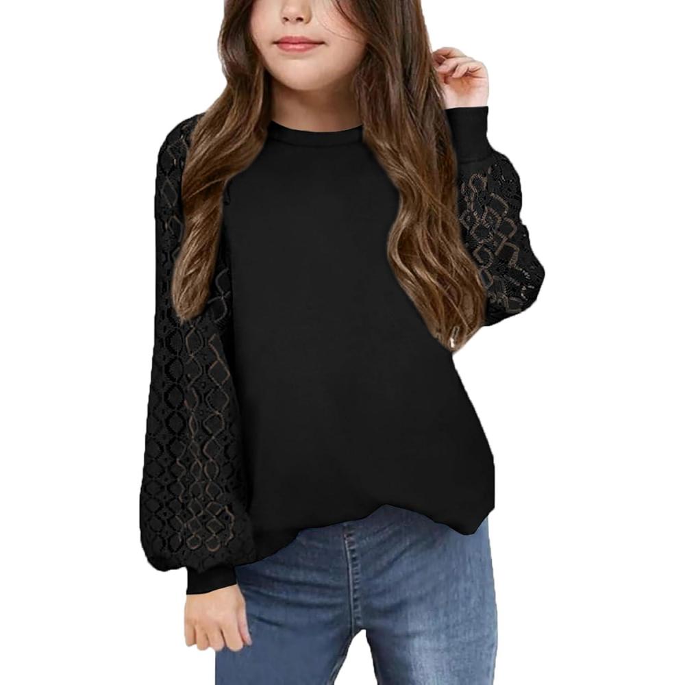 imageArshiner Girls Shirts Lace Raglan Long Sleeves Crewneck Casual Soft Kids Blouse Tee TopsBlack