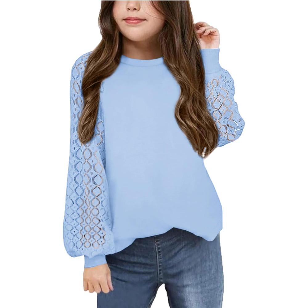 imageArshiner Girls Shirts Lace Raglan Long Sleeves Crewneck Casual Soft Kids Blouse Tee TopsLight Blue