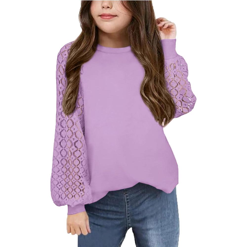 imageArshiner Girls Shirts Lace Raglan Long Sleeves Crewneck Casual Soft Kids Blouse Tee TopsPurple