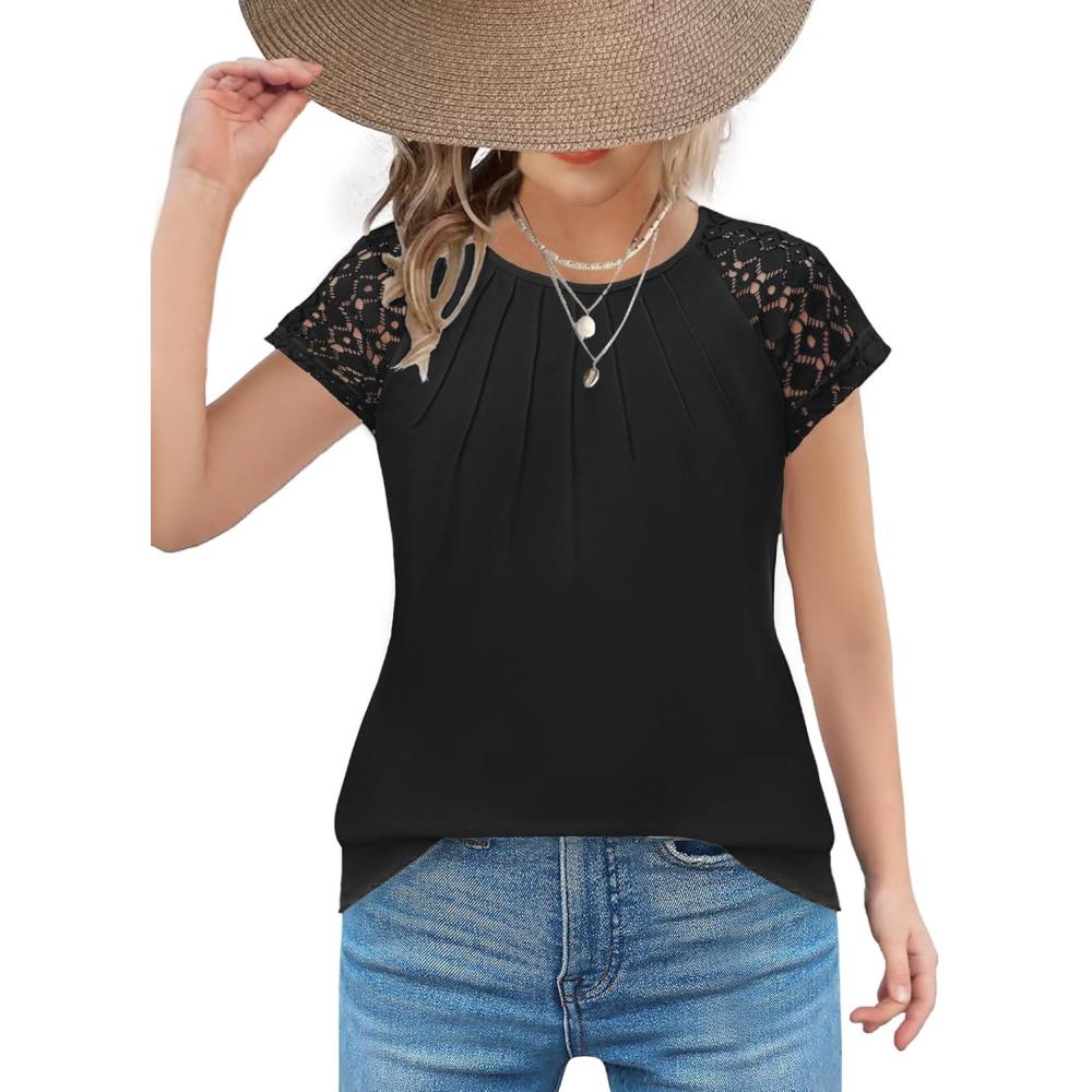 imageArshiner Girls Shirts Short Sleeves Lace Pleated Kids Summer Tops Casual Crewneck Blouses TeesBlack