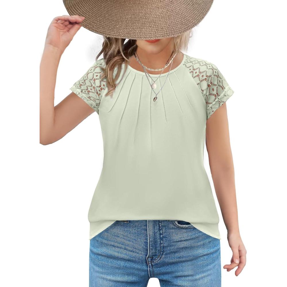 imageArshiner Girls Shirts Short Sleeves Lace Pleated Kids Summer Tops Casual Crewneck Blouses TeesLight Green