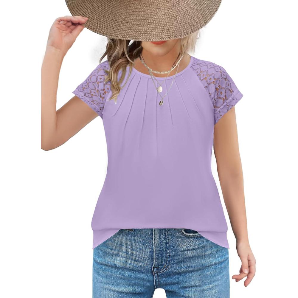 imageArshiner Girls Shirts Short Sleeves Lace Pleated Kids Summer Tops Casual Crewneck Blouses TeesLilac