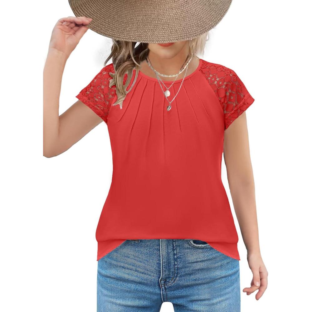 imageArshiner Girls Shirts Short Sleeves Lace Pleated Kids Summer Tops Casual Crewneck Blouses TeesRed