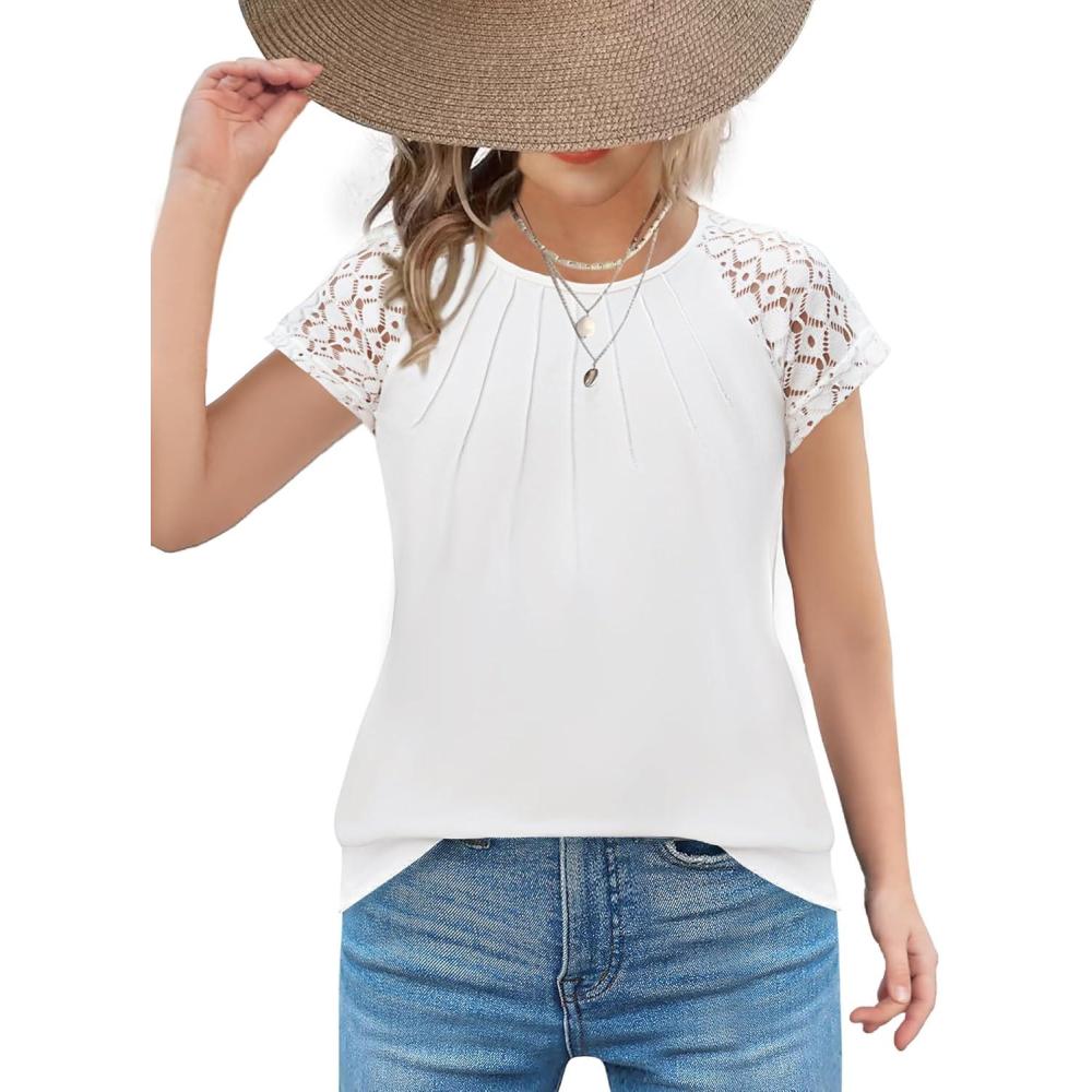 imageArshiner Girls Shirts Short Sleeves Lace Pleated Kids Summer Tops Casual Crewneck Blouses TeesWhite