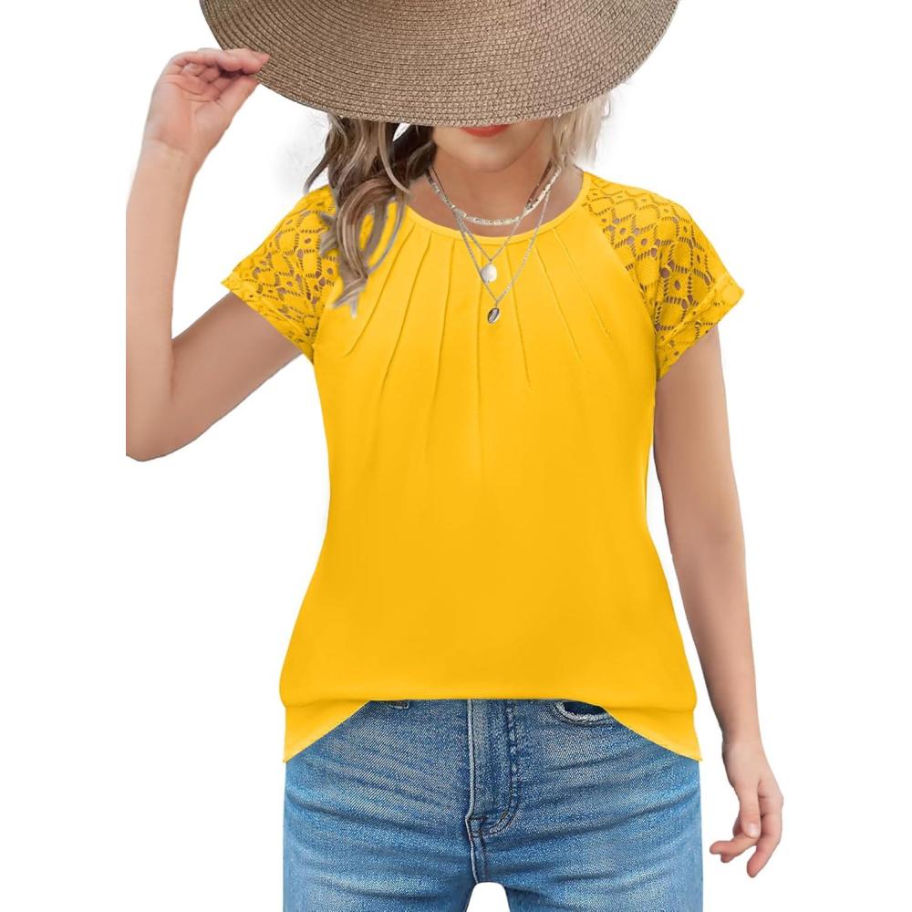 imageArshiner Girls Shirts Short Sleeves Lace Pleated Kids Summer Tops Casual Crewneck Blouses TeesYellow