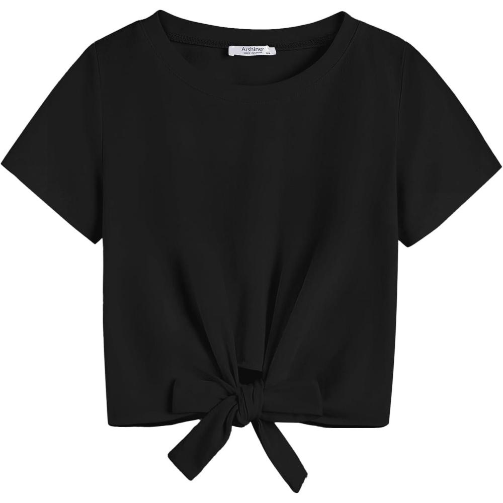 imageArshiner Girls Short Sleeve Shirts Tie Knot Front Tops T Shirts for Kids Crewneck Cute Casual Tie Dye Tee BlouseBlack