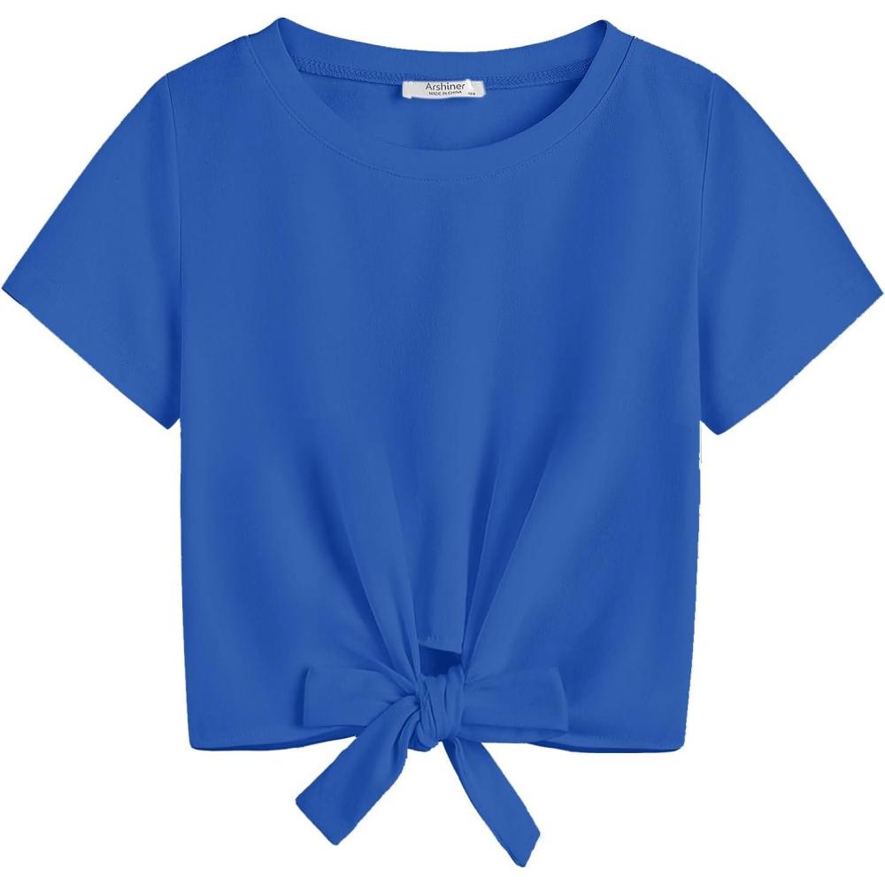 imageArshiner Girls Short Sleeve Shirts Tie Knot Front Tops T Shirts for Kids Crewneck Cute Casual Tie Dye Tee BlouseBlue