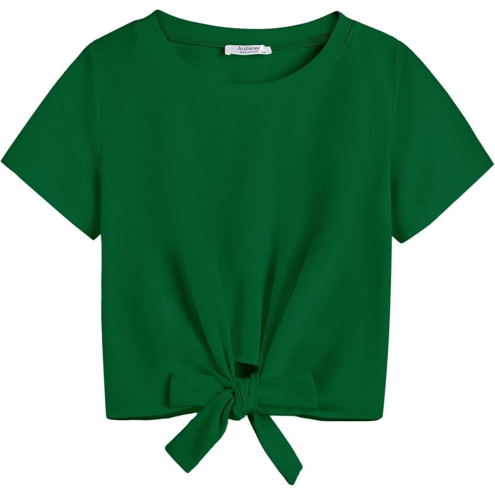 imageArshiner Girls Short Sleeve Shirts Tie Knot Front Tops T Shirts for Kids Crewneck Cute Casual Tie Dye Tee BlouseDark Green
