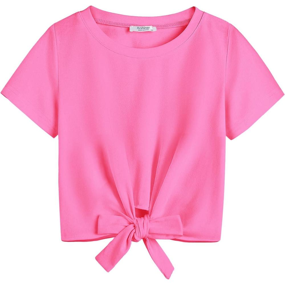 imageArshiner Girls Short Sleeve Shirts Tie Knot Front Tops T Shirts for Kids Crewneck Cute Casual Tie Dye Tee BlouseDark Pink