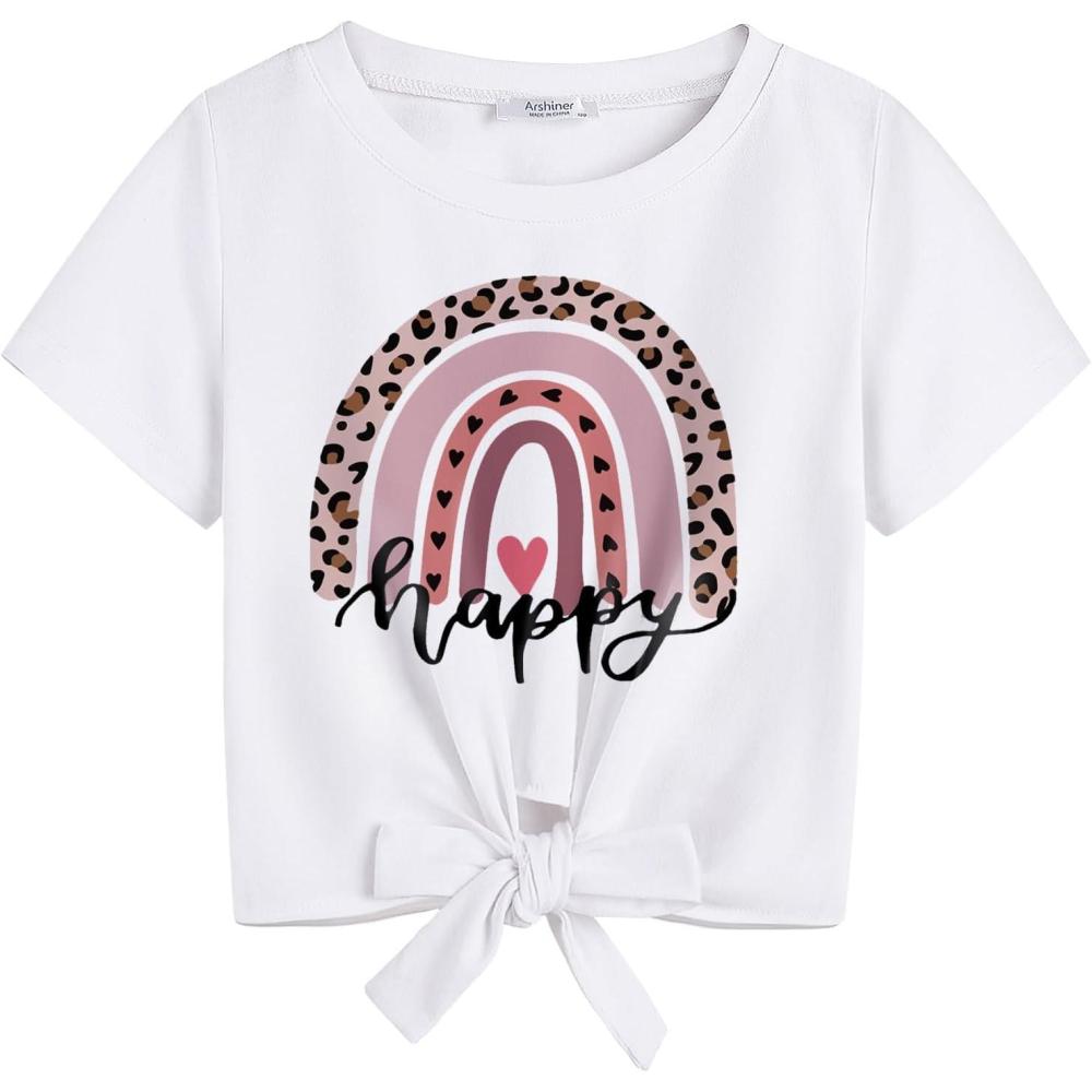 imageArshiner Girls Short Sleeve Shirts Tie Knot Front Tops T Shirts for Kids Crewneck Cute Casual Tie Dye Tee BlouseHappy Rainbow