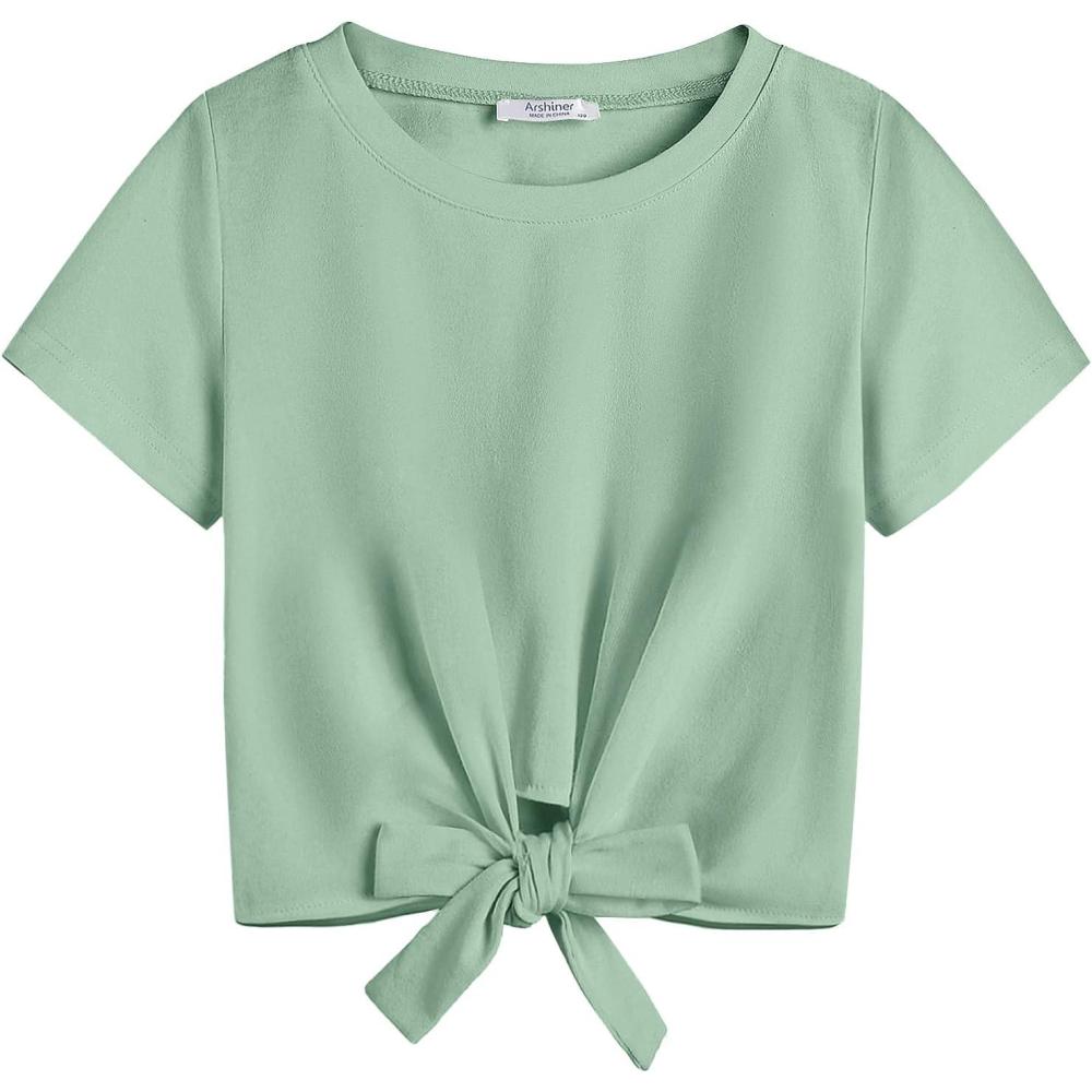 imageArshiner Girls Short Sleeve Shirts Tie Knot Front Tops T Shirts for Kids Crewneck Cute Casual Tie Dye Tee BlouseLight Green