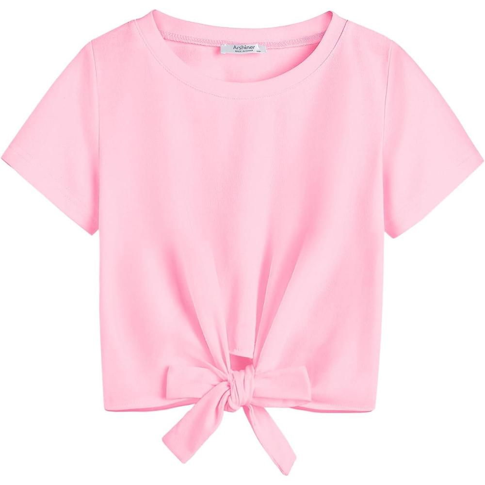 imageArshiner Girls Short Sleeve Shirts Tie Knot Front Tops T Shirts for Kids Crewneck Cute Casual Tie Dye Tee BlousePink