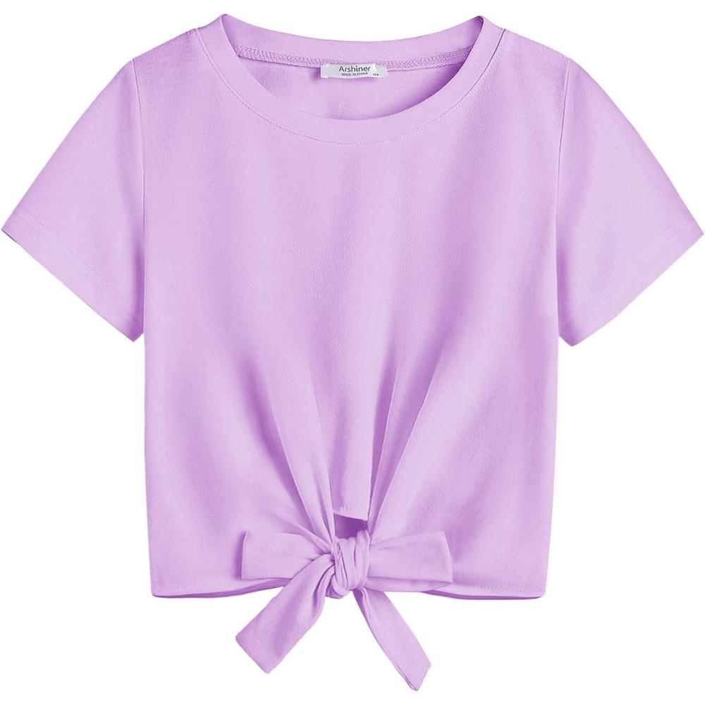 imageArshiner Girls Short Sleeve Shirts Tie Knot Front Tops T Shirts for Kids Crewneck Cute Casual Tie Dye Tee BlousePurple