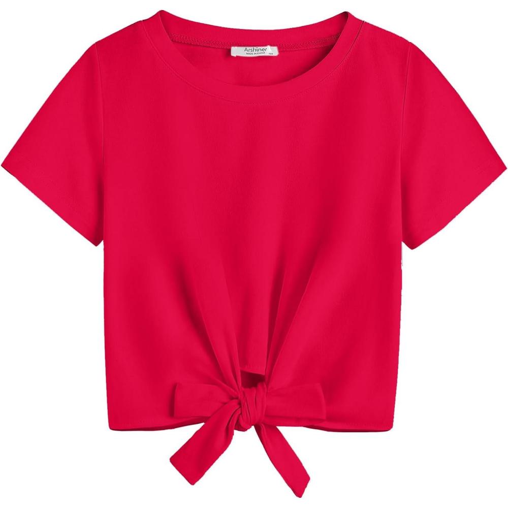 imageArshiner Girls Short Sleeve Shirts Tie Knot Front Tops T Shirts for Kids Crewneck Cute Casual Tie Dye Tee BlouseRed