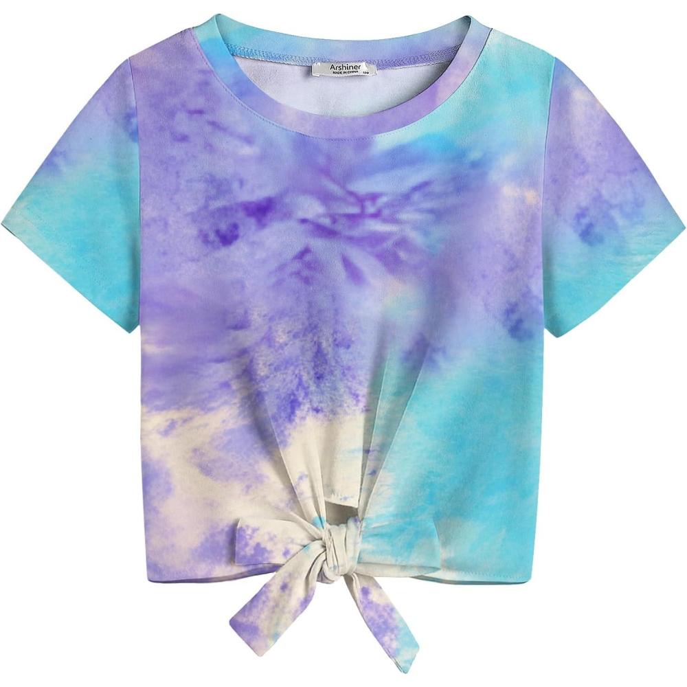 imageArshiner Girls Short Sleeve Shirts Tie Knot Front Tops T Shirts for Kids Crewneck Cute Casual Tie Dye Tee BlouseTie Dye 1