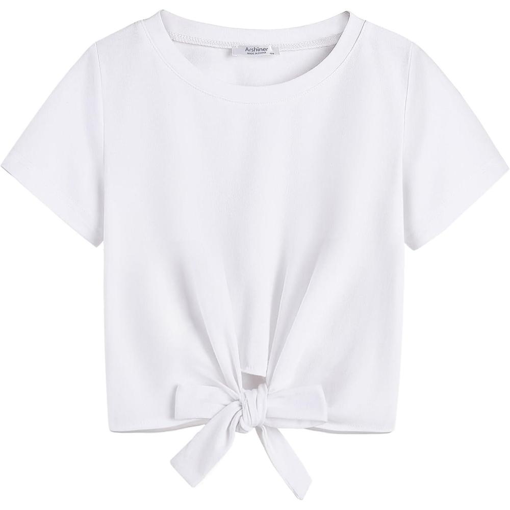 imageArshiner Girls Short Sleeve Shirts Tie Knot Front Tops T Shirts for Kids Crewneck Cute Casual Tie Dye Tee BlouseWhite