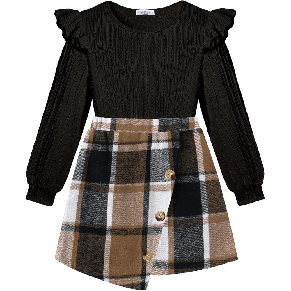 imageArshiner Girls Skirt Sets Ruffle Sleeve Top and Plaid Mini Skirt 2 Piece Fall Winter Outfits for KidsBlack Brown Plaid