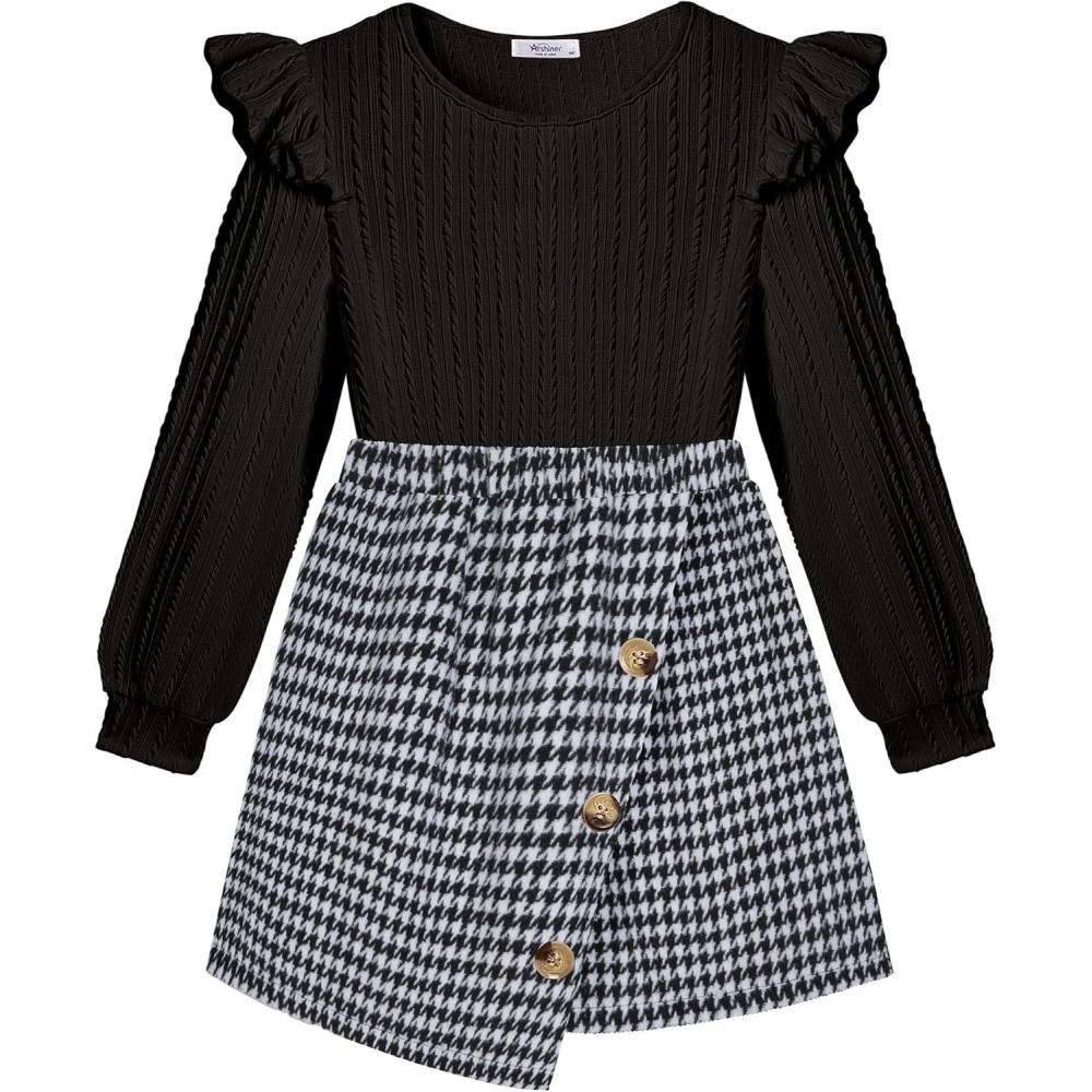 imageArshiner Girls Skirt Sets Ruffle Sleeve Top and Plaid Mini Skirt 2 Piece Fall Winter Outfits for KidsBlack Plaid