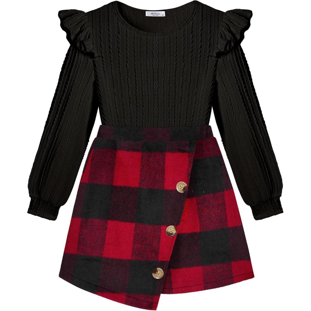 imageArshiner Girls Skirt Sets Ruffle Sleeve Top and Plaid Mini Skirt 2 Piece Fall Winter Outfits for KidsBlack Red Plaid