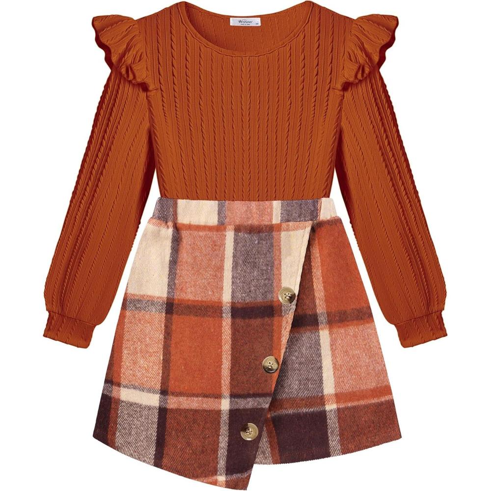 imageArshiner Girls Skirt Sets Ruffle Sleeve Top and Plaid Mini Skirt 2 Piece Fall Winter Outfits for KidsBrown Plaid