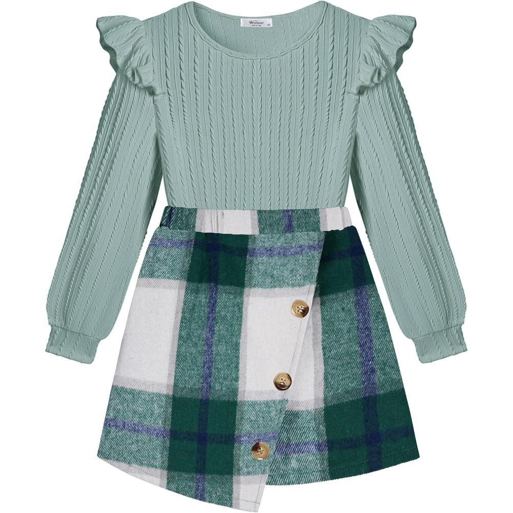 imageArshiner Girls Skirt Sets Ruffle Sleeve Top and Plaid Mini Skirt 2 Piece Fall Winter Outfits for KidsGreen Plaid