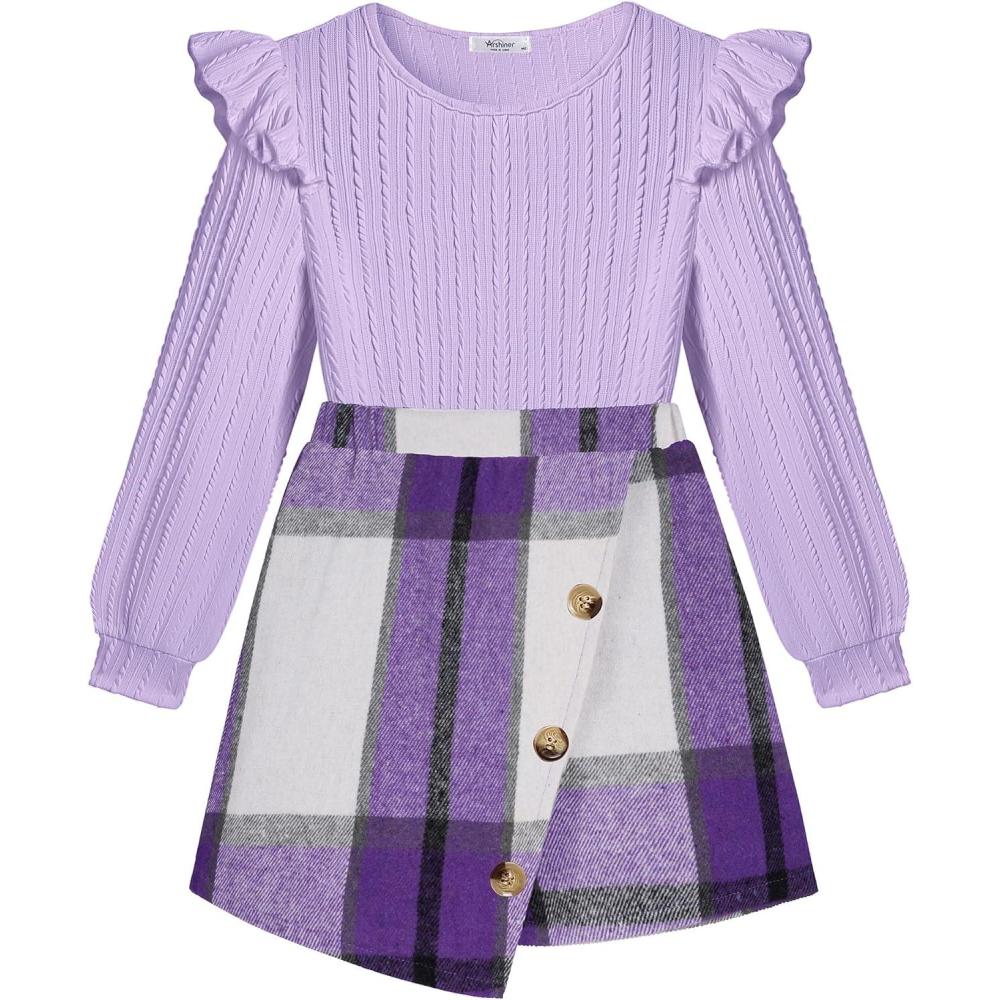 imageArshiner Girls Skirt Sets Ruffle Sleeve Top and Plaid Mini Skirt 2 Piece Fall Winter Outfits for KidsPurple Plaid