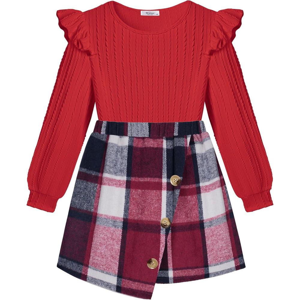 imageArshiner Girls Skirt Sets Ruffle Sleeve Top and Plaid Mini Skirt 2 Piece Fall Winter Outfits for KidsRed Plaid