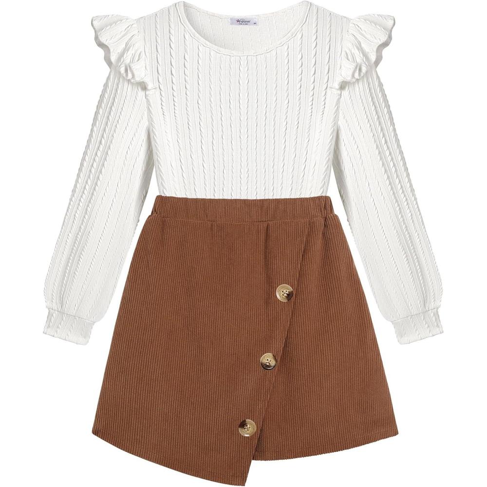 imageArshiner Girls Skirt Sets Ruffle Sleeve Top and Plaid Mini Skirt 2 Piece Fall Winter Outfits for KidsWhite Brown